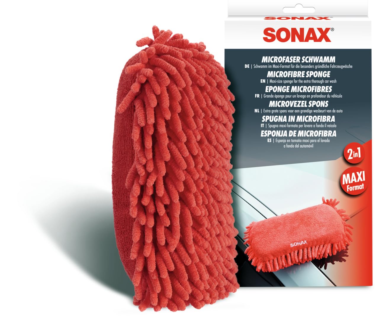 SONAX Microfaser Schwamm (1 Stück) für die besonders gründliche Autowäsche mit Zwei unterschiedlichen Microfaser-Seiten, Art-Nr. 04281000 von SONAX