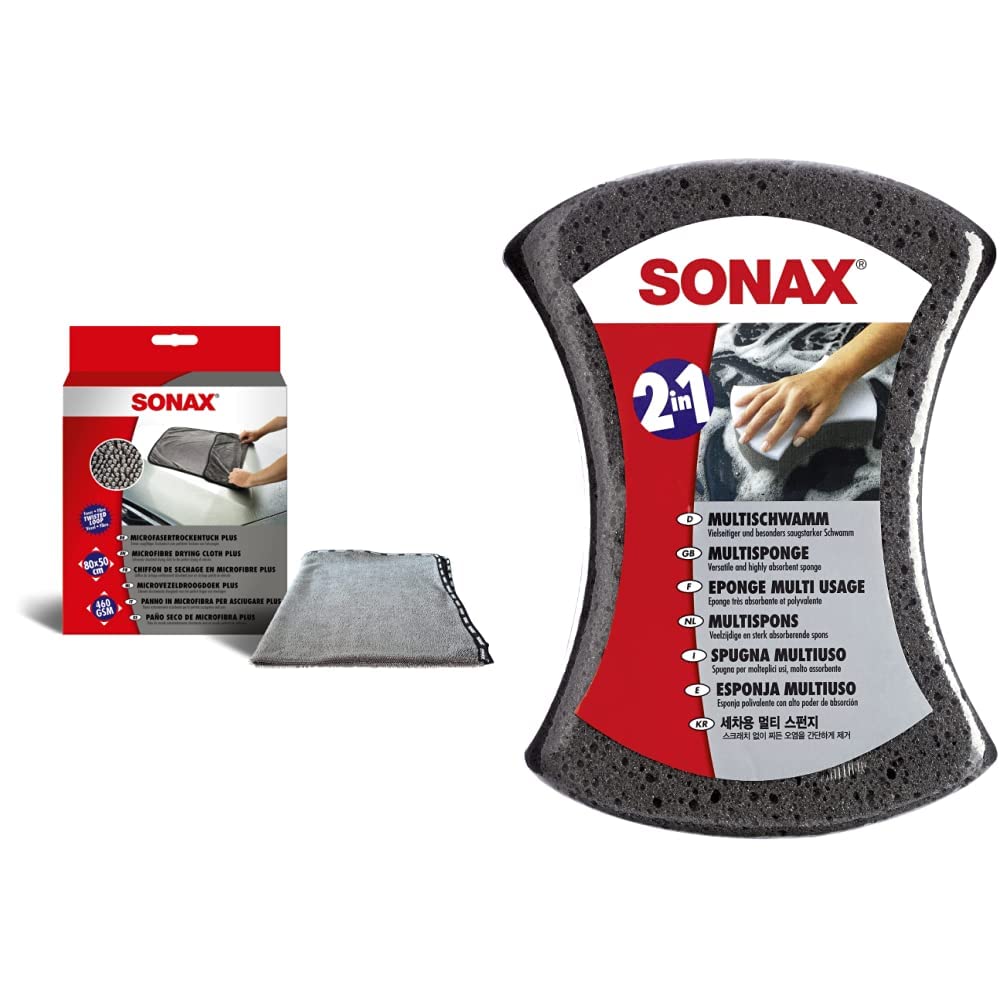 SONAX MicrofaserTrockenTuch Plus (1 Stück) im Großformat, 04512000 Weiß & MultiSchwamm (1 Stück) besonders saugstarker Alleskönner für die Autoreinigung | AR-Nr. 04280000 von SONAX