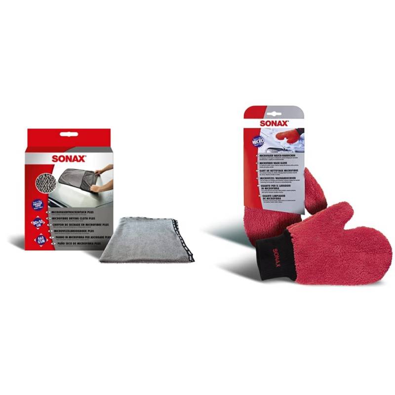 SONAX MicrofaserTrockenTuch Plus im Großformat zur perfekten 04512000 Weiß & Microfaser WaschHandschuh bequemer Handschuh mit maximalem Oberflächenschutz 04282000 von SONAX