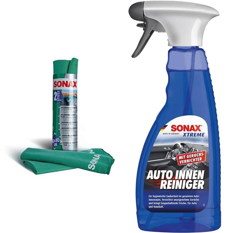 SONAX MicrofaserTücher PLUS Innen+Scheibe (2 Stück) extrem fein ohne Streifen, Schlieren und Fusseln zu hinterlassen & XTREME AutoInnenReiniger (500 ml) speziell für hygienische Sauberkeit im Auto von SONAX