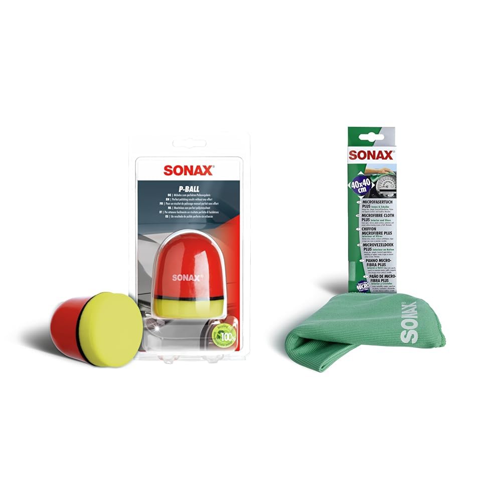 SONAX P-Ball (1 Stück) mühelos und schnell zum perfekten Polierergebnis, Art-Nr. 04173410 & MicrofaserTuch Plus Innen+Scheibe (1 Stück) extrem fein ohne Streifen von SONAX