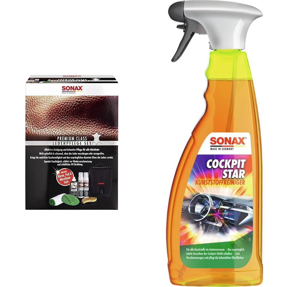 SONAX PREMIUM CLASS LederPflegeSet (3x 250 ml) & CockpitStar (750 ml) Cockpitreiniger reinigt und pflegt alle Kunststoffteile im Auto, antistatisch und staubabweisend/Art-Nr. 02494000 von SONAX