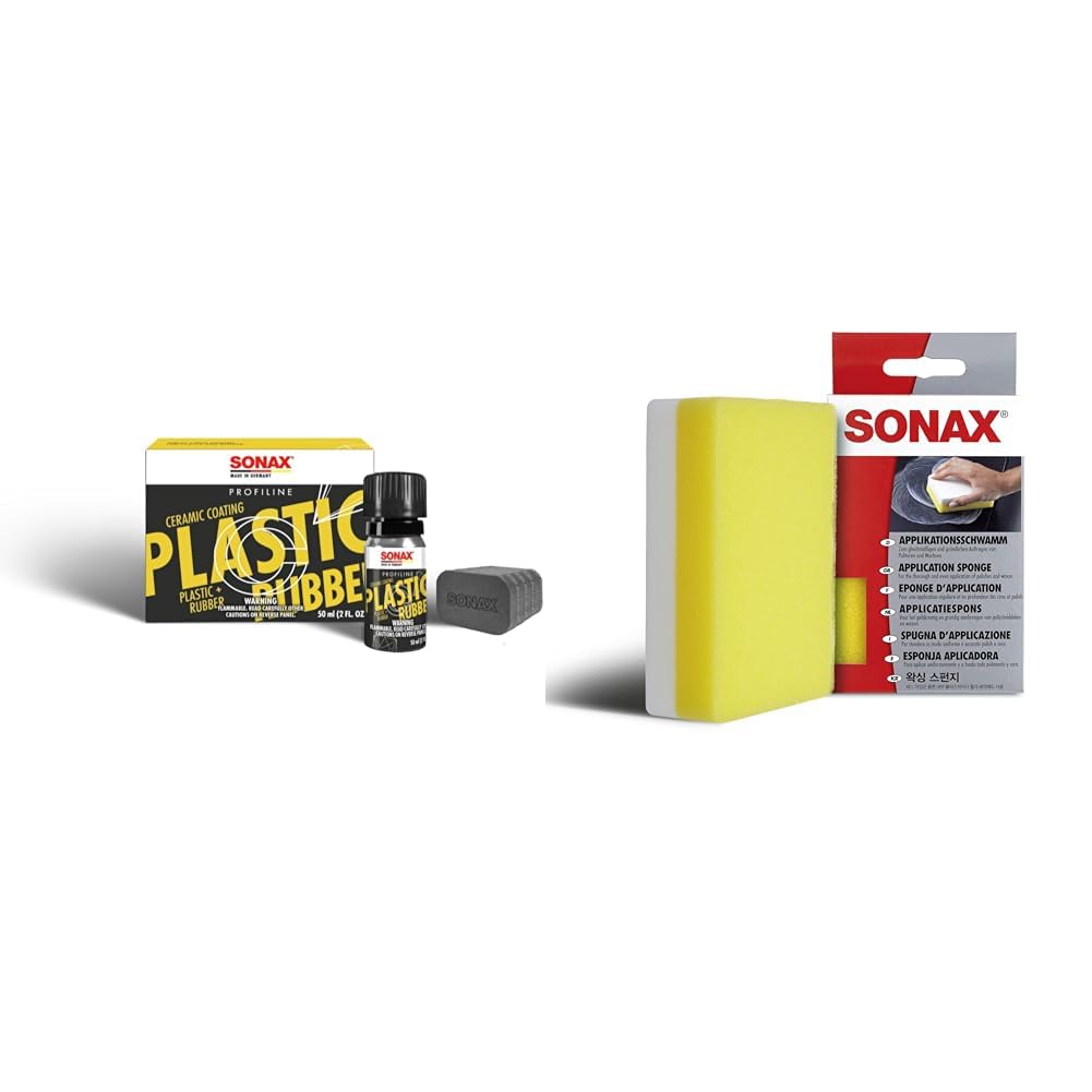 SONAX PROFILINE CeramicCoating CC Plastic+Rubber (50 ml) & ApplikationsSchwamm (1 Stück) Spezialschwamm zum Auftragen und Verarbeiten von Polituren von SONAX