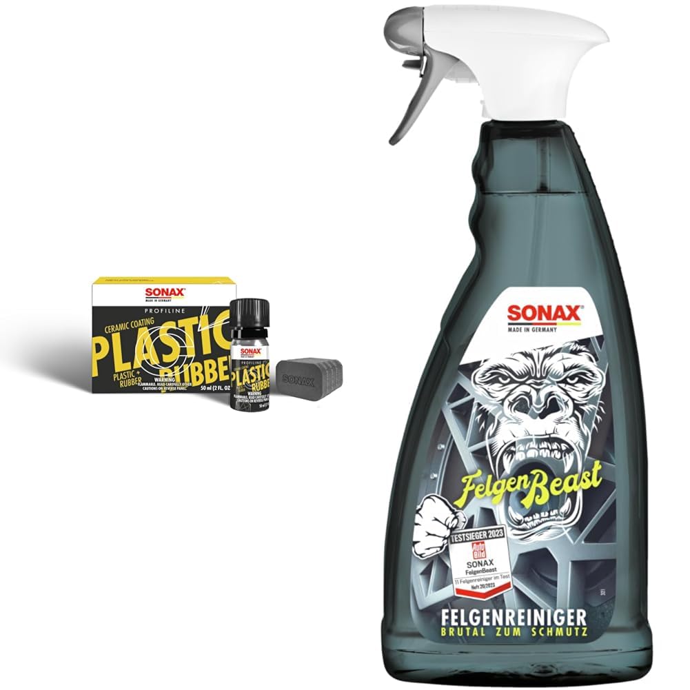 SONAX PROFILINE CeramicCoating CC Plastic+Rubber (50 ml) & FelgenBeast (1 Liter) Felgenreiniger für alle polierten, verchromten und matten Stahl- & Leichtmetallfelgen | Art-Nr. 04333000 von SONAX