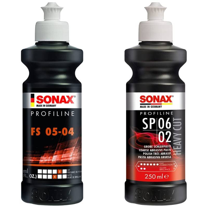 SONAX PROFILINE FS 05-04 (250 ml) Politur zur Entfernung von Staubeinschlüssen, Farbnebel & (250 ml) silikonfreie Schleifpaste zum Abschleifen von verwitterten und verkratzten Lackschichten von SONAX