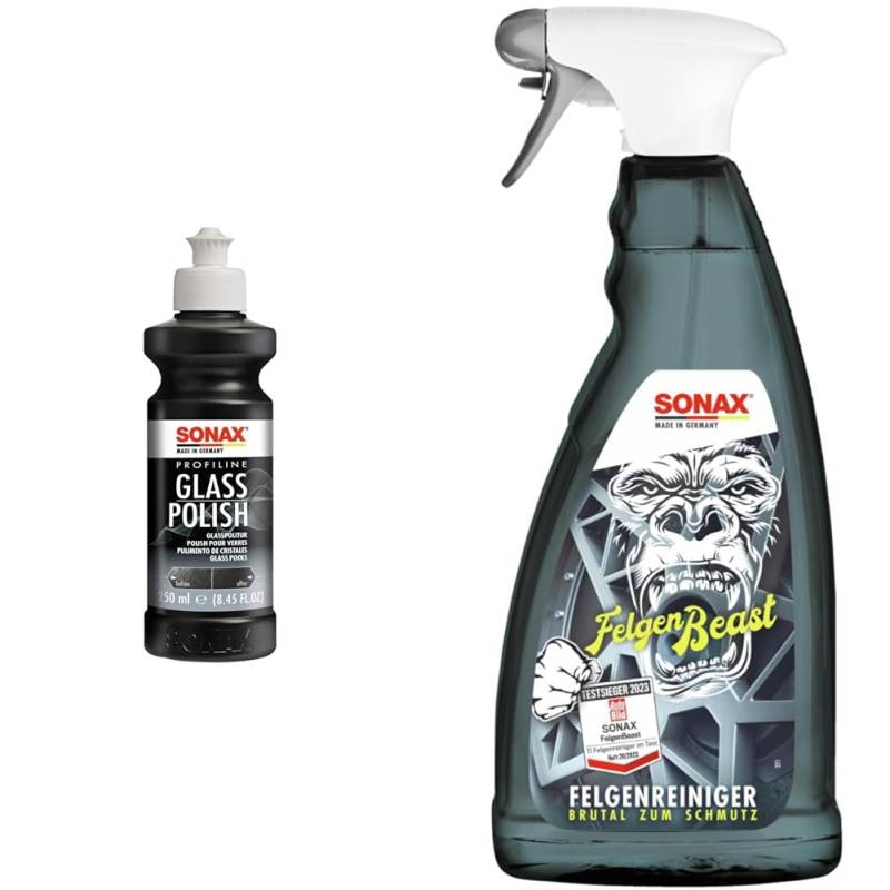 SONAX PROFILINE GlassPolish (250 ml) Glaspolitur zum Entfernen von leichten Verkratzungen & FelgenBeast (1 Liter) Felgenreiniger von SONAX