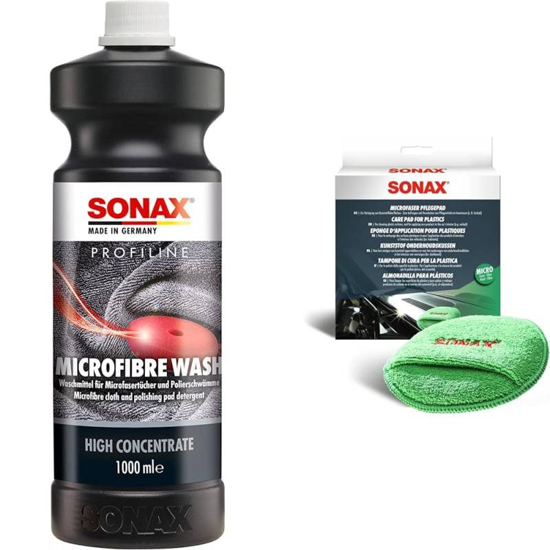 SONAX PROFILINE Microfibre Wash (1 Liter) & MicrofaserPflegePad (1 Stück) für gleichmäßiges Auftragen von Kunststoffpflegemitteln im Innenraum und EIN gründliches Ergebnis, Art-Nr. 04172000 von SONAX