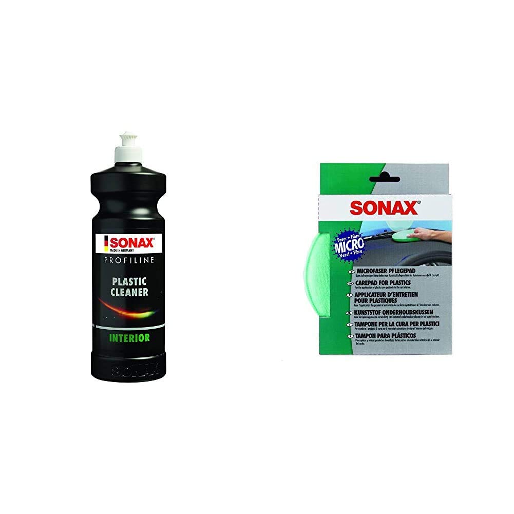 SONAX PROFILINE Plastic Cleaner Interior (1 Liter) reinigt und pflegt Kunststoffoberflächen & MicrofaserPflegePad (1 Stück) für gleichmäßiges Auftragen von Kunststoffpflegemitteln im Innenraum von SONAX