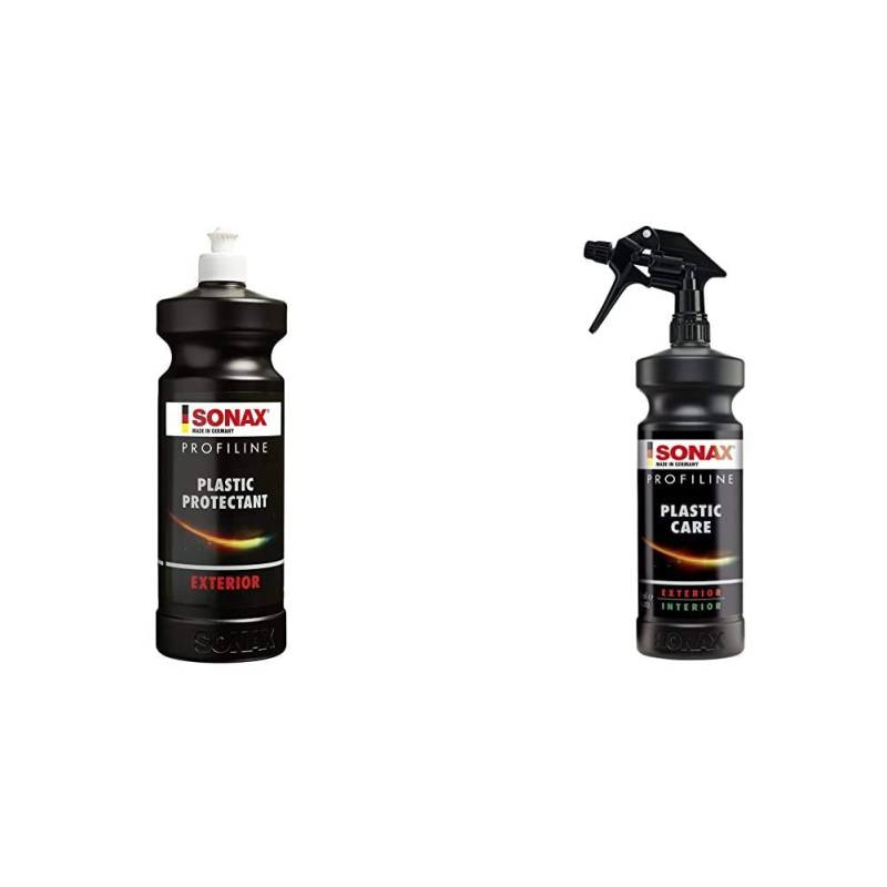 SONAX PROFILINE Plastic Protectant Exterior (1 Liter) Kunststofftiefenpflege für Kunststoffteile & PROFILINE PlasticCare (1 Liter) frischt auf, pflegt und kaschiert Verkratzungen auf Kunststoff von SONAX