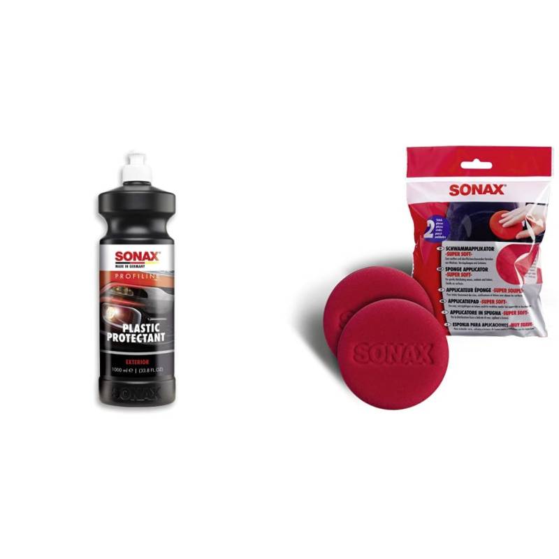 SONAX PROFILINE Plastic Protectant Exterior (1 Liter) & SchwammApplikator Super Soft (2 Stück) zum sanften und oberflächenschonenden Auftragen und Verteilen von Wachsen, Versiegelungen und Lotionen von SONAX