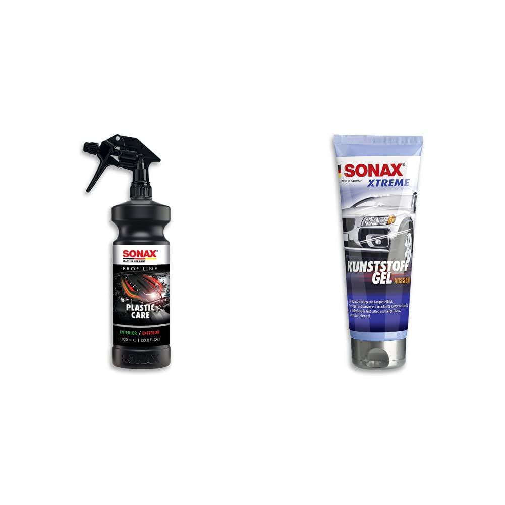 SONAX PROFILINE PlasticCare (1 Liter) frischt auf, pflegt und kaschiert Verkratzungen auf Kunststoff & Xtreme KunststoffGel Außen NanoPro (250 ml) pflegt unlackierte Kunststoffteile im Außenbereich von SONAX