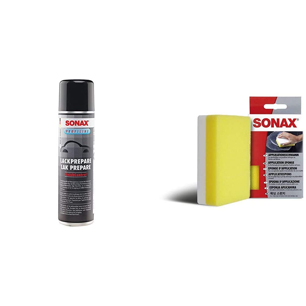 SONAX PROFILINE Prepare (400 ml) spezielles Lösemittelgemisch zum effektiven Entfernen von Fett- und Ölfilmen & ApplikationsSchwamm (1 Stück) zum Auftragen und Verarbeiten von Polituren etc. von SONAX