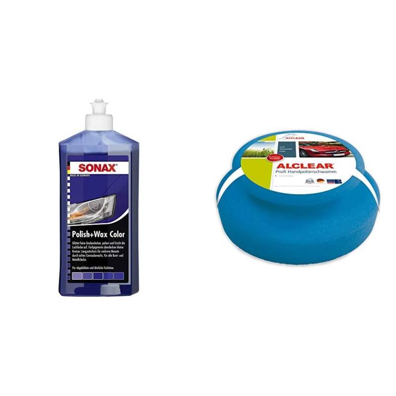 SONAX Polish & Wax Color NanoPro blau (500 ml) Politur mit Farbpigmenten und Wachsanteilen auf Nanotechnologie-Basis | Art-Nr. 02962000 & ALCLEAR 5713050M Auto Profi Handpolierschwamm 130 x 50 mm von SONAX