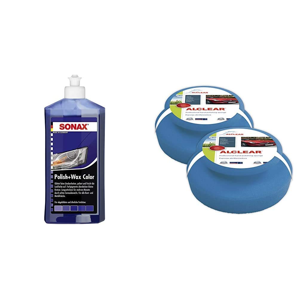 SONAX Polish & Wax Color NanoPro blau (500 ml) Politur mit Farbpigmenten und Wachsanteilen auf Nanotechnologie-Basis & ALCLEAR 5713050M Auto Profi Handpolierschwamm, 2 Stück, 130x50 mm von SONAX