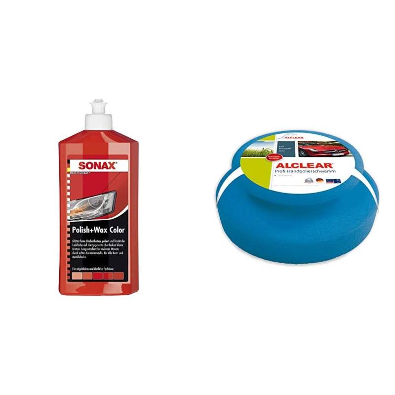 SONAX Polish & Wax Color NanoPro rot (500 ml) Politur mit Farbpigmenten und Wachsanteilen auf Nanotechnologie-Basis & ALCLEAR 5713050M Auto Profi Handpolierschwamm 130 x 50 mm von SONAX