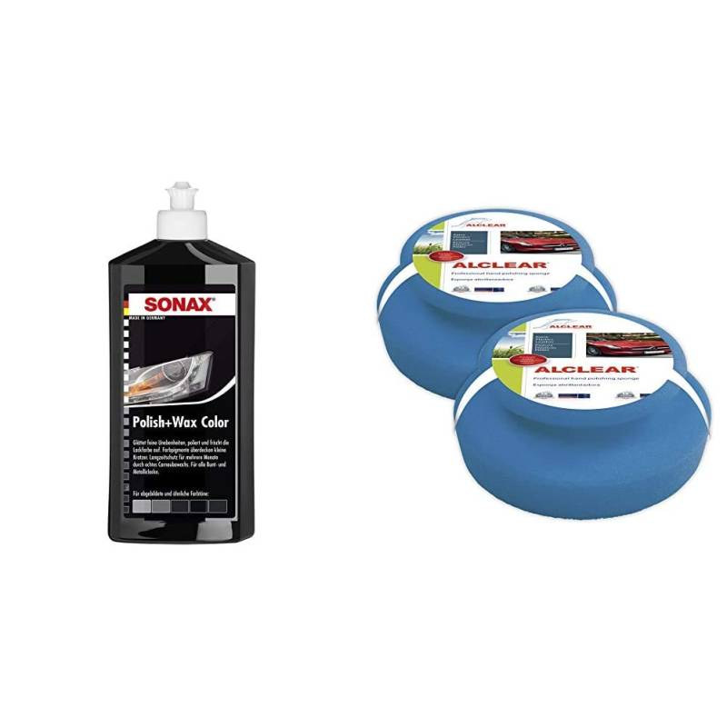 SONAX Polish & Wax Color NanoPro schwarz (500 ml) Politur mit Farbpigmenten und Wachsanteilen auf Nanotechnologie-Basis & ALCLEAR 5713050M Auto Profi Handpolierschwamm, 2 Stück, 130x50 mm von SONAX