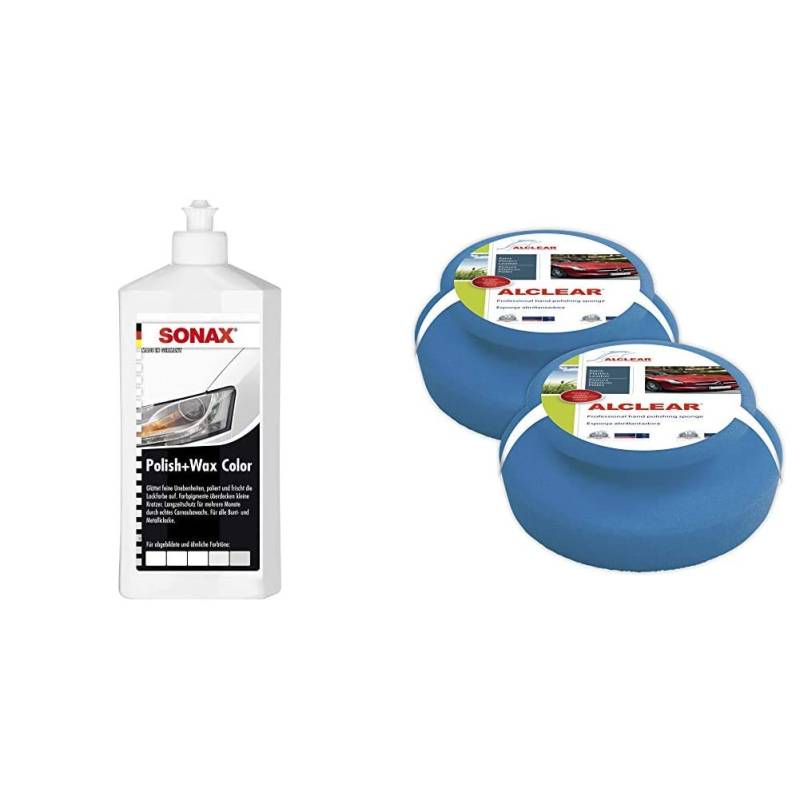 SONAX Polish & Wax Color NanoPro weiß (500 ml) Politur mit Farbpigmenten und Wachsanteilen auf Nanotechnologie-Basis & ALCLEAR 5713050M Auto Profi Handpolierschwamm, 2 Stück, 130x50 mm von SONAX