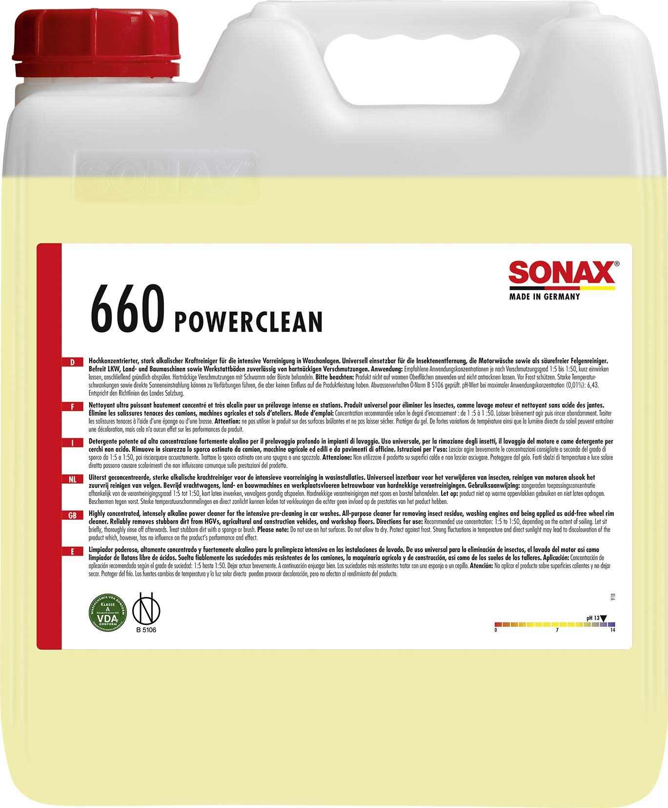 SONAX PowerClean (10 L) hochwirksames Reinigerkonzentrat für die Vorreinigung in Waschanlagen & SB-Waschplätzen. Auch zur Reinigung von Land- & Baumaschinen | Art-Nr.06606000 von SONAX