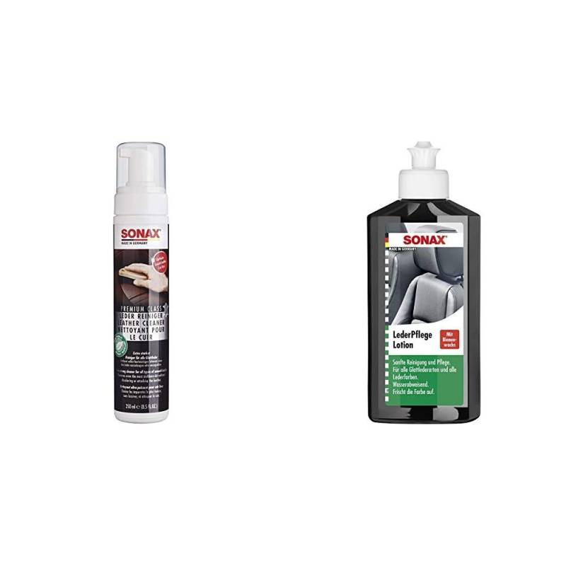 SONAX PremiumClass LederReiniger (250 ml) effektive und schnelle Reinigung für Glattleder ohne anzugreifen | Art-Nr. 02811410 & 291141 Leder-Pflege-Lotion, 250 ml von SONAX