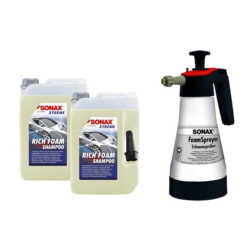 SONAX Schaum+Wasch-Paket: XTREME RichFoam Shampoo (2 x 5 Liter) mit reichhaltiger Aktivschaum-Formel + FoamSprayer (1 Liter) | Art-Nr. 07685000 von SONAX