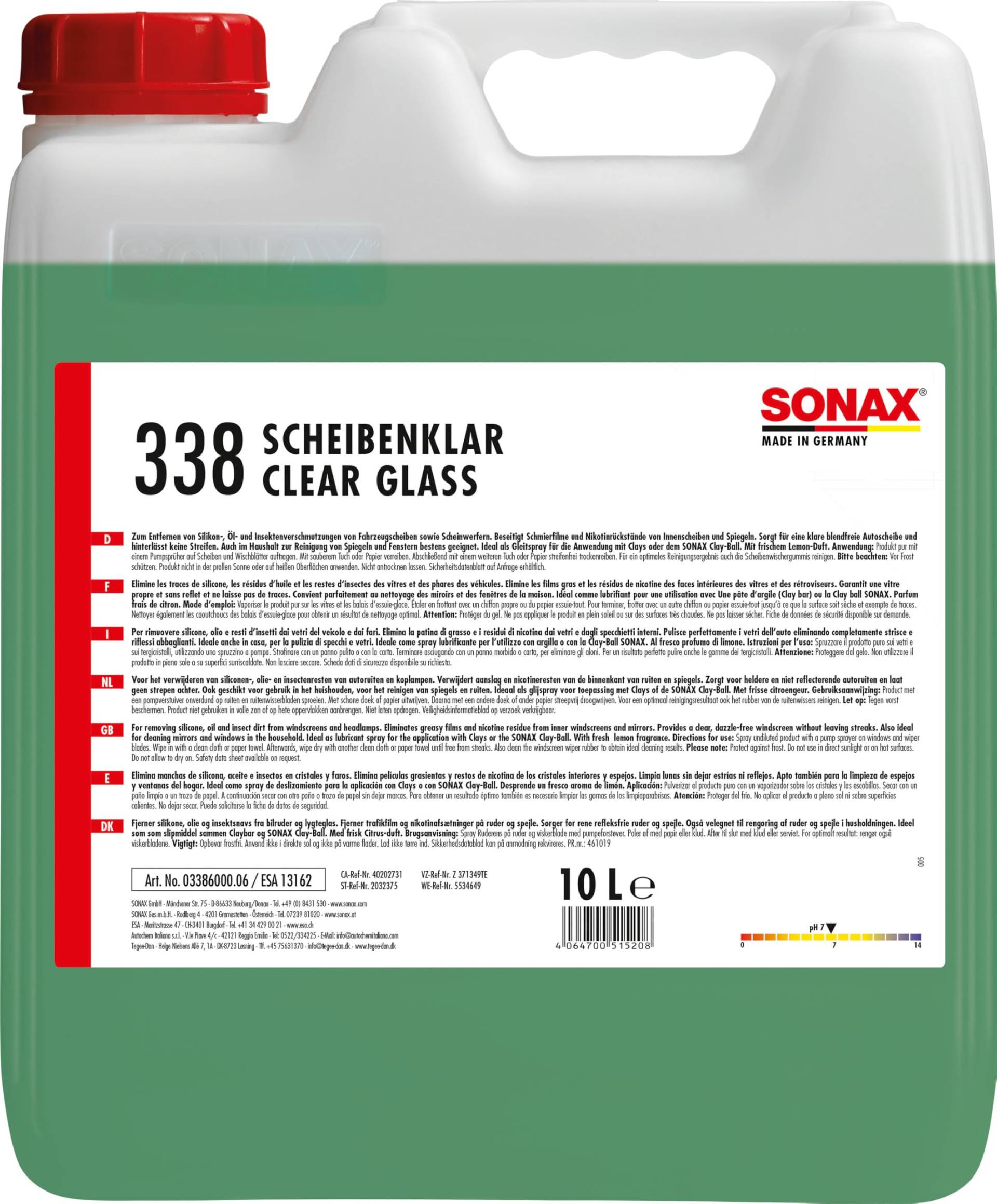 SONAX ScheibenKlar (10 Liter) zum Entfernen von Silikon-, Öl- und Insektenverschmutzungen von Fahrzeugscheiben und Scheinwerfern | Art-Nr. 03386000 von SONAX