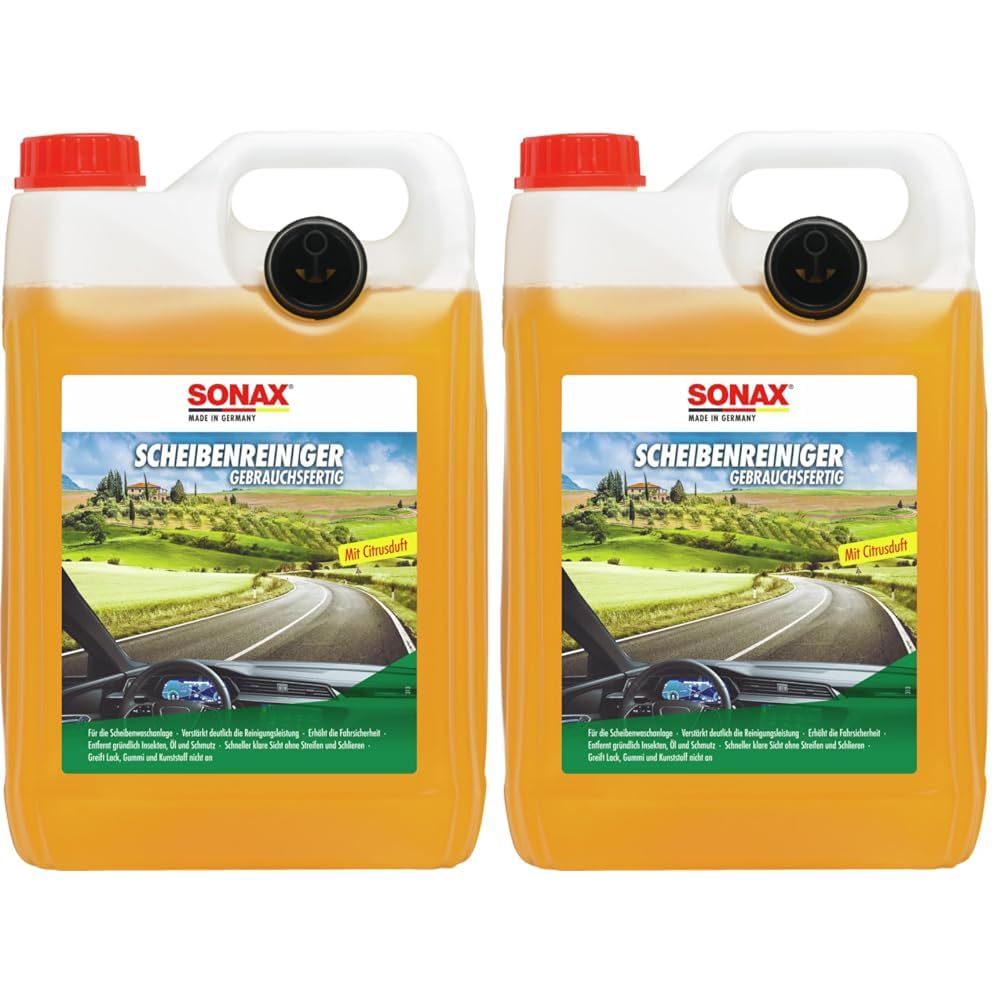 SONAX ScheibenReiniger gebrauchsfertig Citrus (5 Liter) gebrauchsfertiger Reiniger für die Scheiben- und Scheinwerferwaschanlage | Gelb | Art-Nr. 02605000 (Packung mit 2) von SONAX