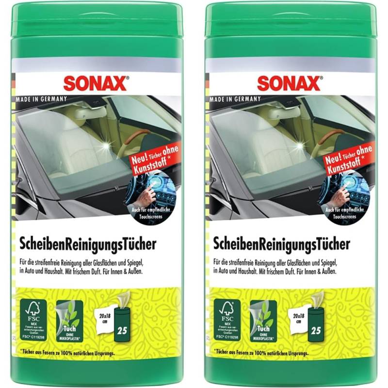 SONAX ScheibenReinigungsTücher Box (25 Stück) zur schnellen, einfachen und streifenfreien Reinigung von Allen Glas- und Spiegelflächen | Art-Nr. 04120000 (Packung mit 2) von SONAX