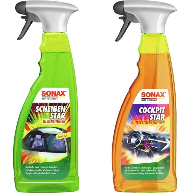 SONAX ScheibenStar (750 ml) Scheibenreiniger für Fahrzeugscheiben & CockpitStar (750 ml) Cockpitreiniger von SONAX