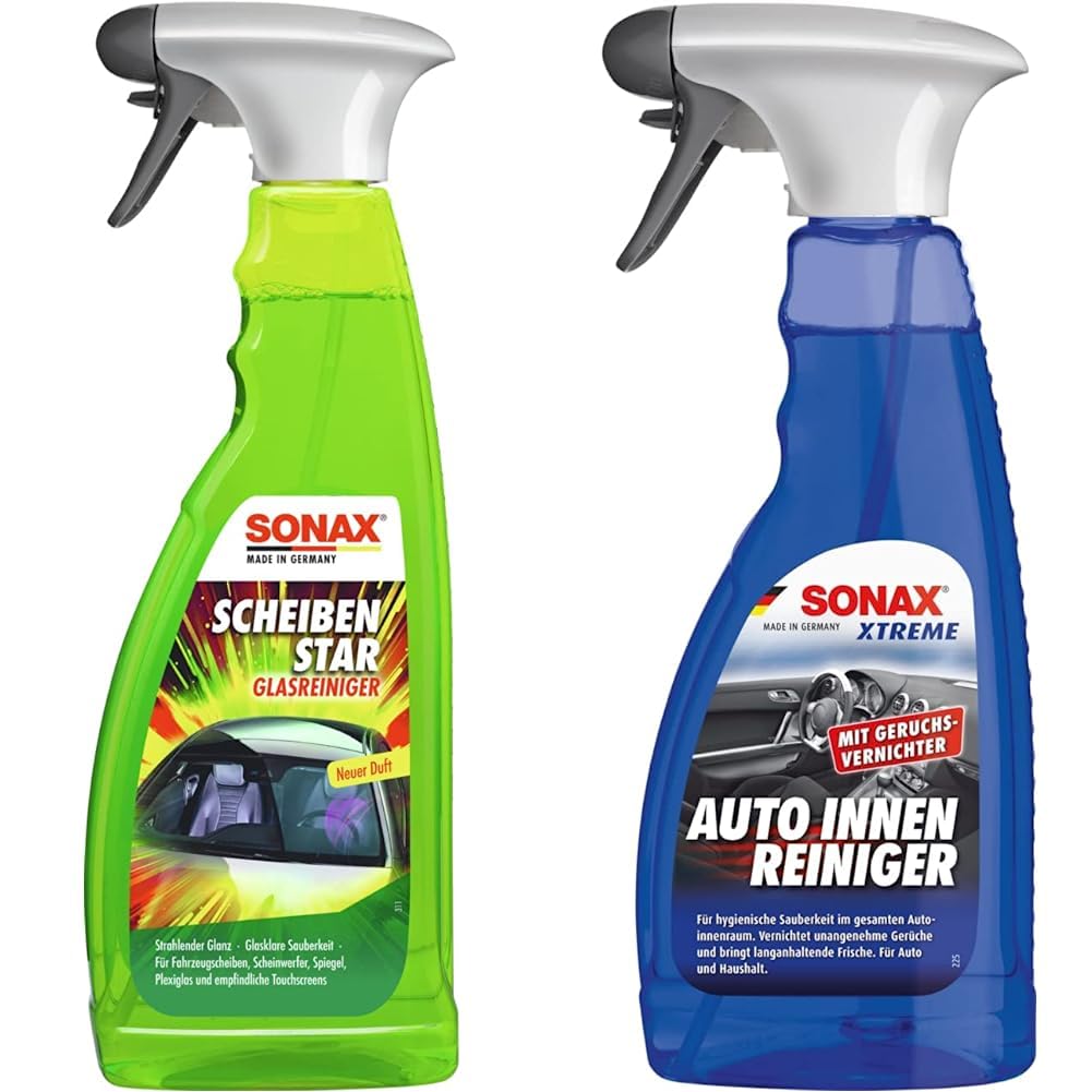 SONAX ScheibenStar (750 ml) kraftvoller Reiniger für Fahrzeugscheiben, Scheinwerfer und Spiegelflächen & XTREME AutoInnenReiniger (500 ml) speziell für hygienische Sauberkeit im Auto und Haushalt von SONAX