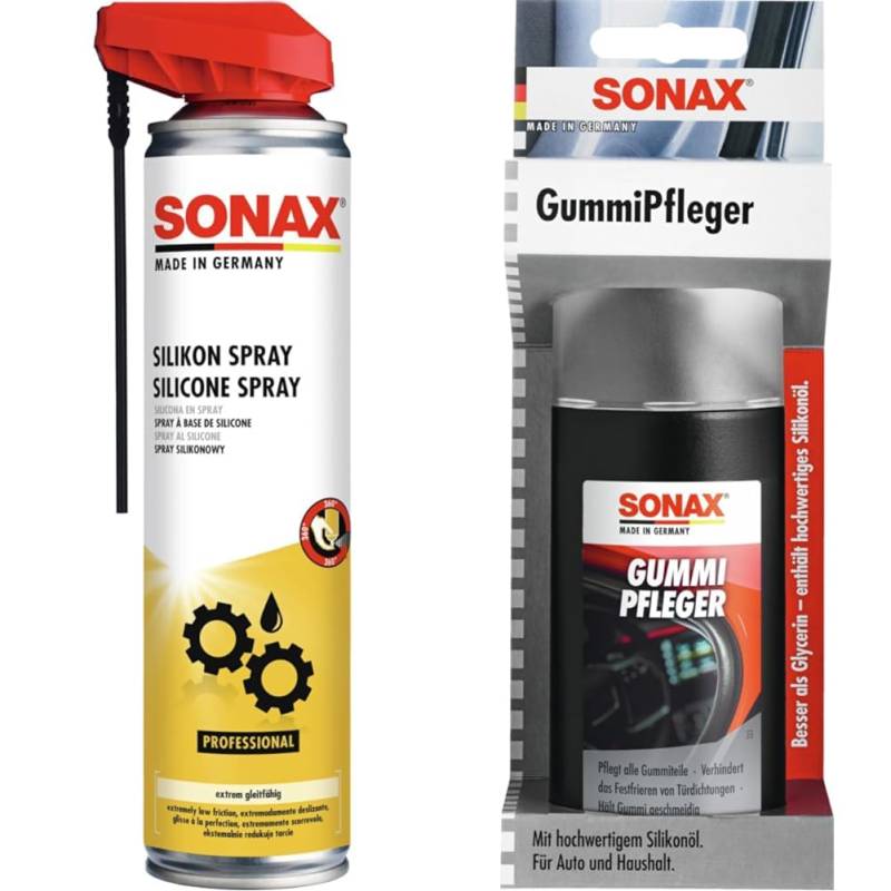 SONAX SilikonSpray mit EasySpray (400 ml) Schmiermittel schmiert & GummiPfleger mit Schwammapplikator (100 ml) reinigt von SONAX