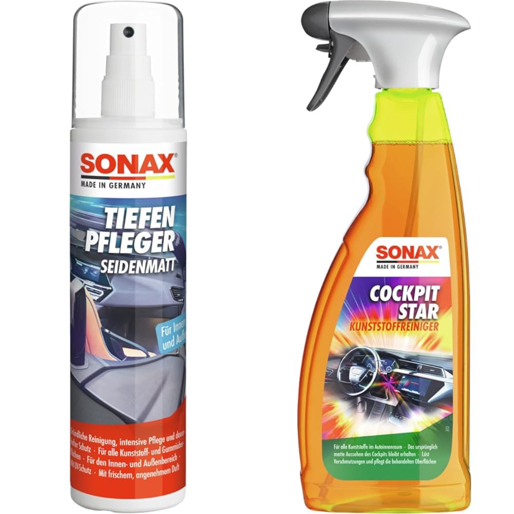 SONAX TiefenPfleger Seidenmatt (300 ml) Kunststoff- und Gummireiniger & CockpitStar (750 ml) Cockpitreiniger reinigt und pflegt alle Kunststoffteile im Auto von SONAX