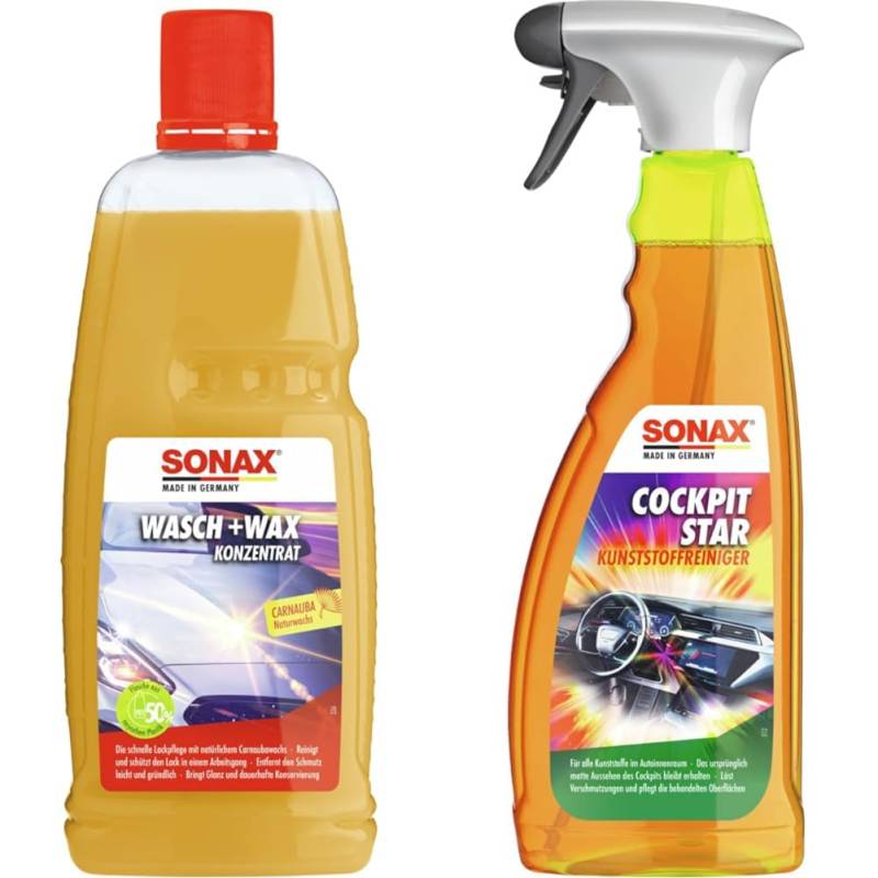 SONAX Wasch+Wax (1 Liter) & CockpitStar (750 ml) Cockpitreiniger reinigt und pflegt alle Kunststoffteile im Auto, antistatisch und staubabweisend/Art-Nr. 02494000 von SONAX