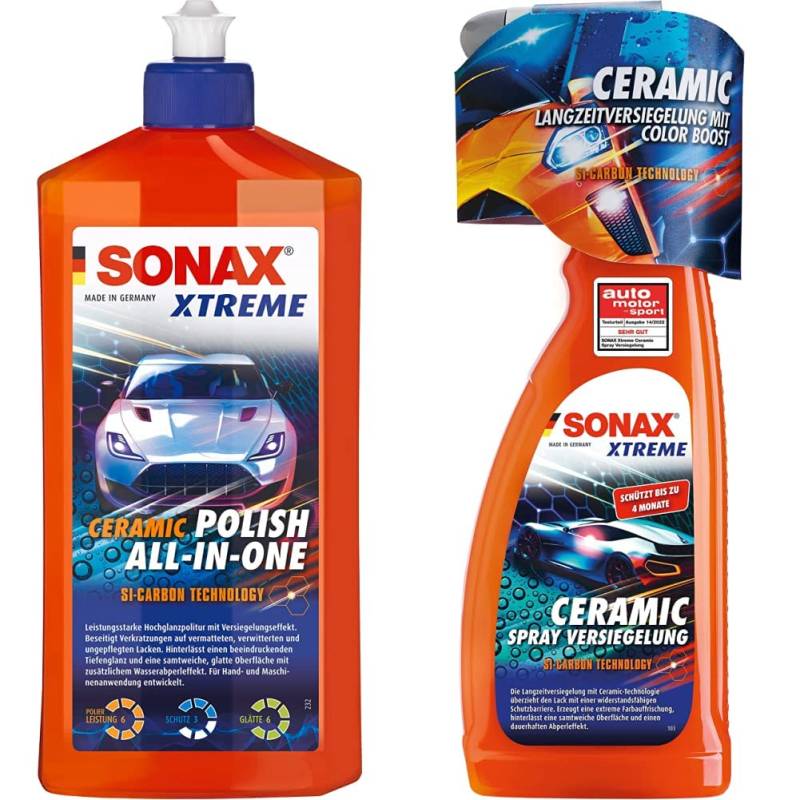 SONAX XTREME Ceramic Polish All-in-One (500 ml) beseitigt Verkratzungen & XTREME Ceramic SprayVersiegelung (750ml) überzieht den Lack mit einer Schutzbarriere, schützt vor Schmutz & Insekten von SONAX