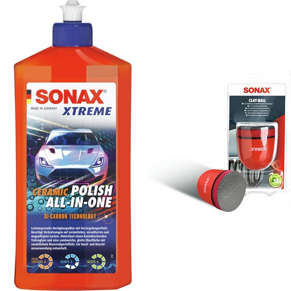 SONAX XTREME Ceramic Polish All-in-One (500 ml) & Clay-Ball (1 Stück) Problemlöser gegen hartnäckige Verschmutzungen auf Lack und Glas | Art-Nr. 04197000 von SONAX