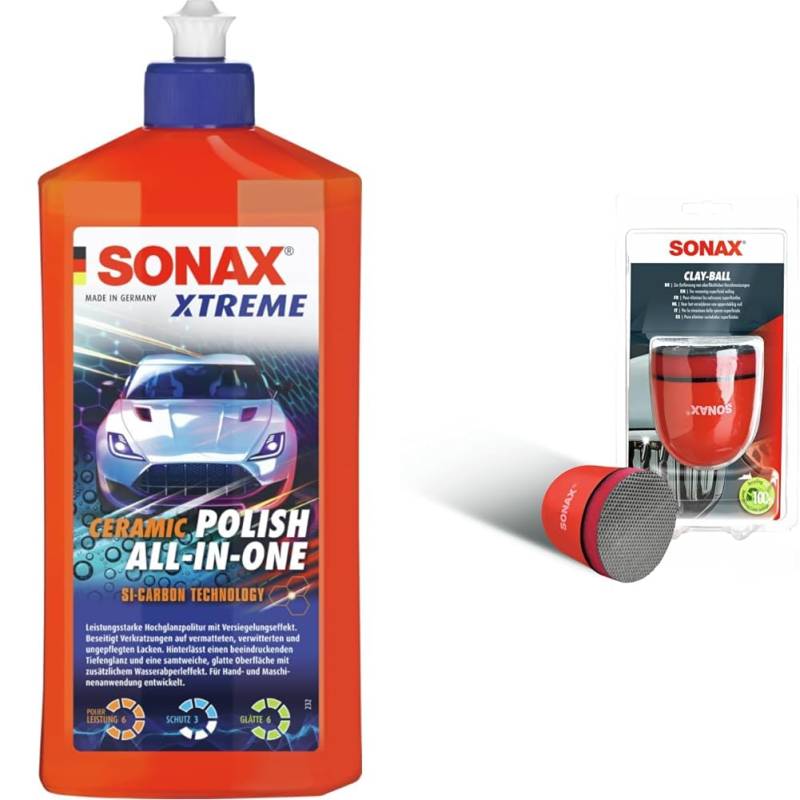 SONAX XTREME Ceramic Polish All-in-One (500 ml) & Clay-Ball (1 Stück) Problemlöser gegen hartnäckige Verschmutzungen auf Lack und Glas | Art-Nr. 04197000 von SONAX