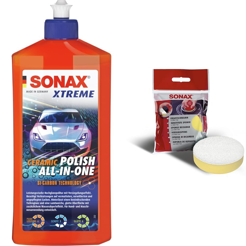 SONAX XTREME Ceramic Polish All-in-One (500 ml) & Ersatzschwamm für P-Ball (1 Stück) Schwamm mit Klettverbindung als Ersatz für den Schwamm des SONAX P-Ball | Art-Nr. 04172410 von SONAX