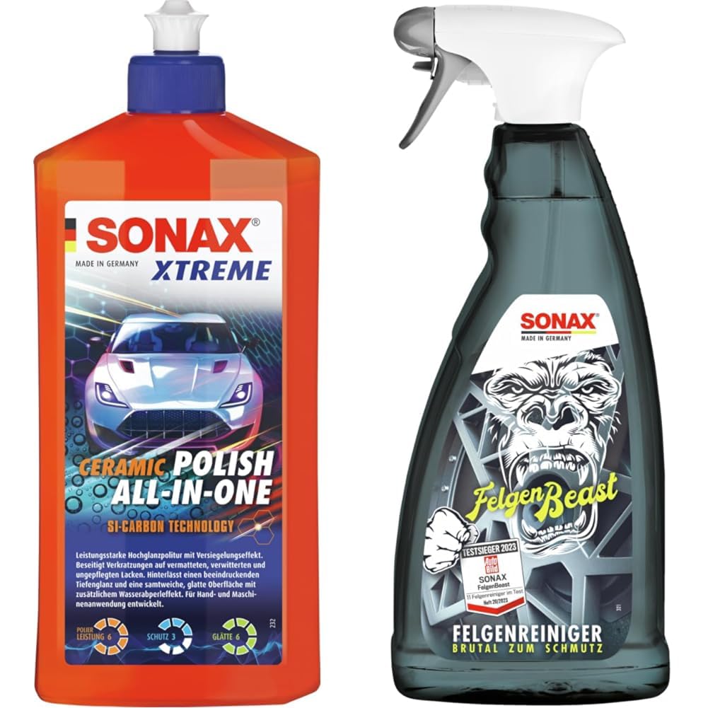 SONAX XTREME Ceramic Polish All-in-One (500 ml) & FelgenBeast (1 Liter) Felgenreiniger für alle polierten, verchromten und matten Stahl- & Leichtmetallfelgen | Art-Nr. 04333000 von SONAX