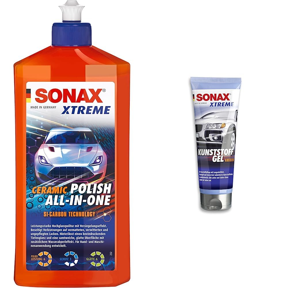 SONAX XTREME Ceramic Polish All-in-One beseitigt Verkratzungen auf vermatteten, verwitterten und ungepflegten Lacken & XTREME KunststoffGel Außen NanoPro (250 ml) pflegt unlackierte Kunststoffteile von SONAX