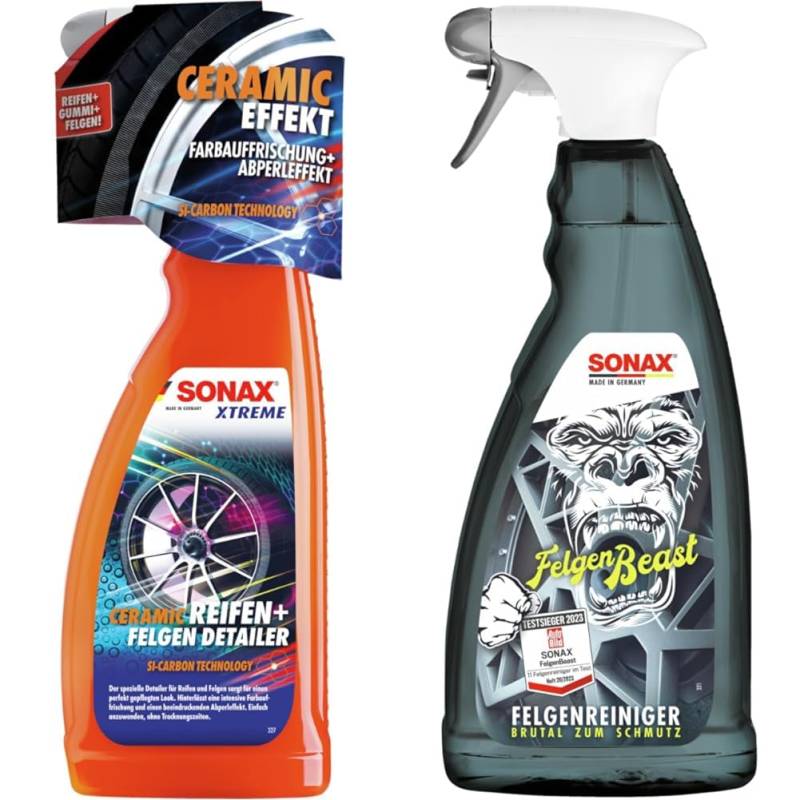 SONAX Xtreme Ceramic Reifen+FelgenDetailer (750 ml) & FelgenBeast (1 Liter) Felgenreiniger für alle polierten, verchromten und matten Stahl- & Leichtmetallfelgen | Art-Nr. 04333000 von SONAX