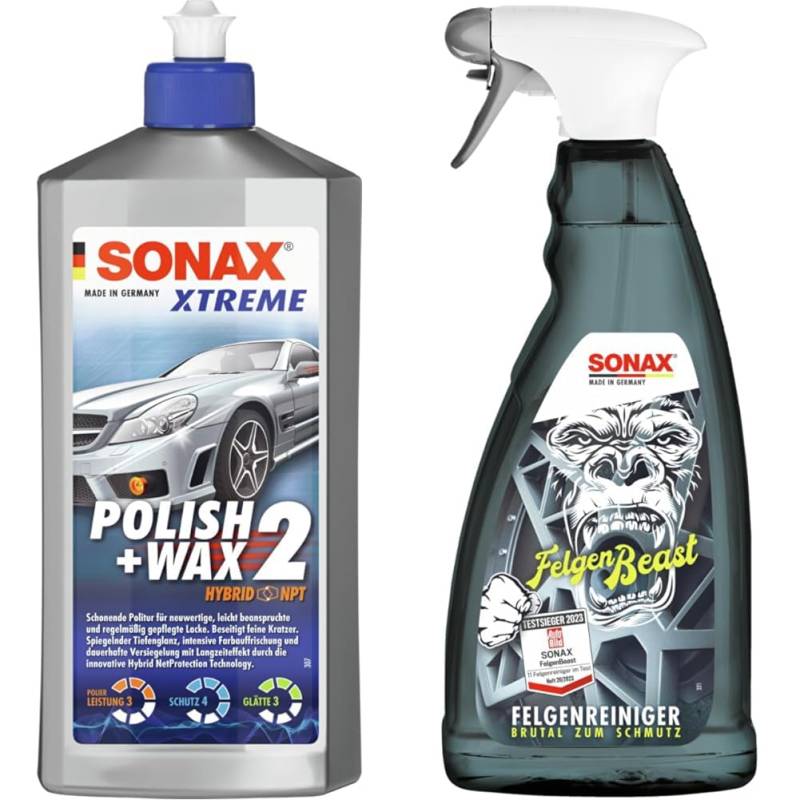 SONAX XTREME Polish+Wax 2 (500 ml) schonende Politur & FelgenBeast (1 Liter) Felgenreiniger für alle polierten, verchromten und matten Stahl- & Leichtmetallfelgen | Art-Nr. 04333000 von SONAX