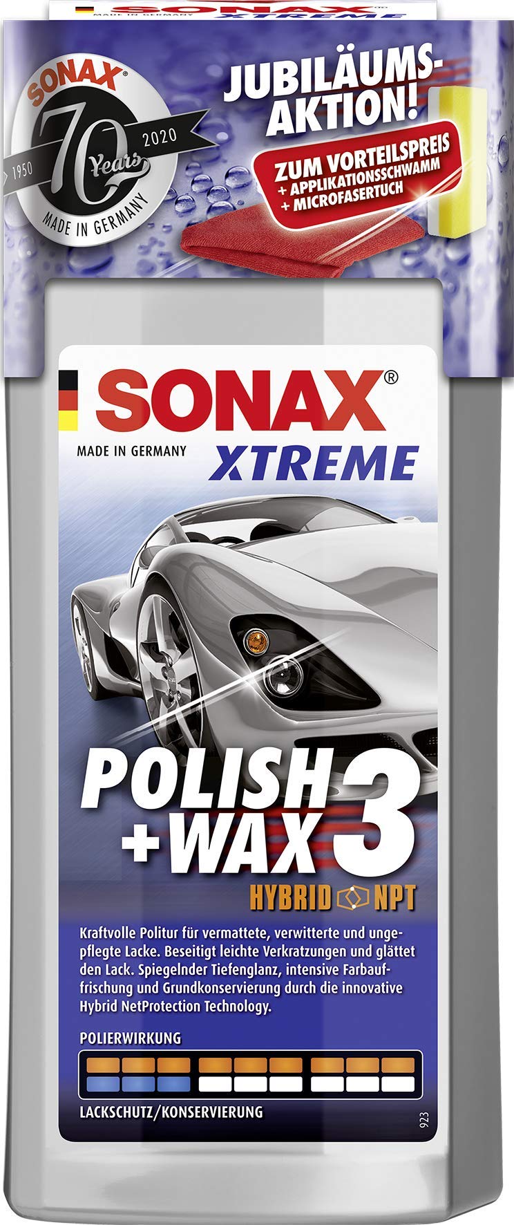 SONAX XTREME Polish+Wax 3 AktionsSet 70 Jahre (500 ml) zum Abtragen verwitterter Lackschichten und Auffrischen matter Farben inkl. gratis Applikationsschwamm und Mikrofasertuch | Art-Nr. 02028410 von SONAX