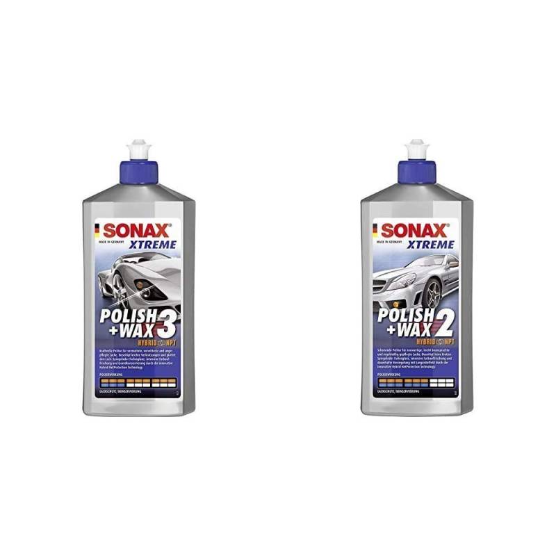 SONAX XTREME Polish+Wax 3 Hybrid NPT (500 ml) zum Abtragen verwitterter Lackschichten und Auffrischen matter Farben & XTREME Polish+Wax 2 Hybrid NPT (500 ml) schonende Politur mit mittlerer Wirkung von SONAX