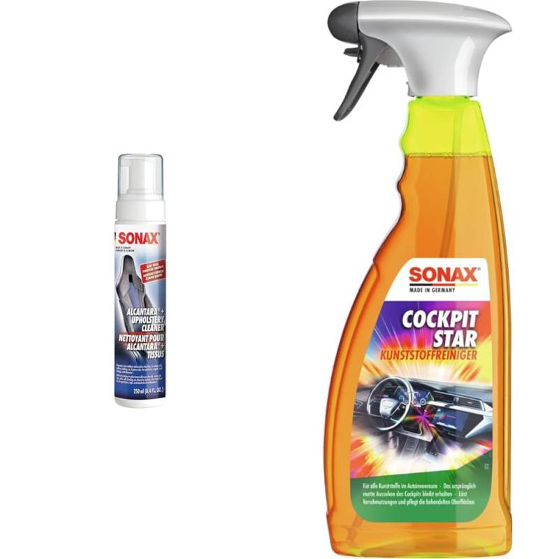 SONAX XTREME Polster+AlcantaraReiniger treibgasfrei (250 ml) & CockpitStar (750 ml) Cockpitreiniger reinigt und pflegt alle Kunststoffteile im Auto, antistatisch und staubabweisend/Art-Nr. 02494000 von SONAX