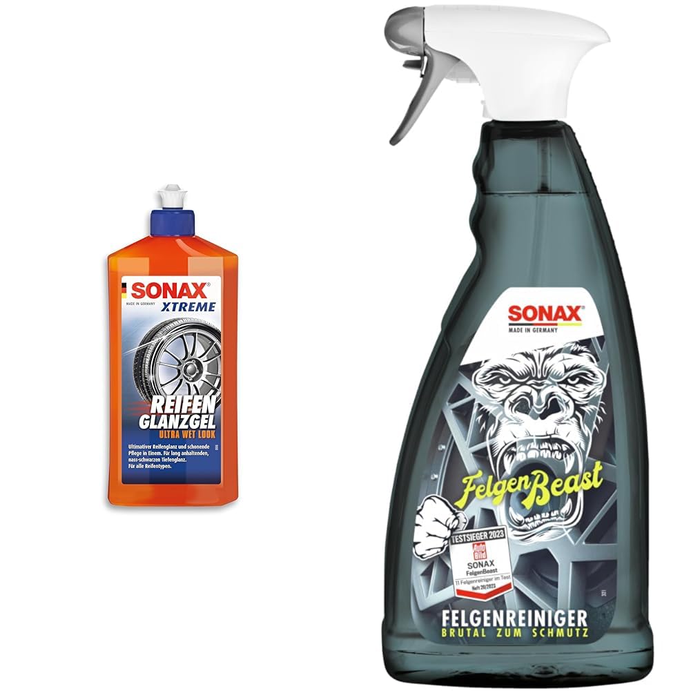 SONAX XTREME ReifenGlanzGel (500 ml) & FelgenBeast (1 Liter) Felgenreiniger für alle polierten, verchromten und matten Stahl- & Leichtmetallfelgen | Art-Nr. 04333000 von SONAX