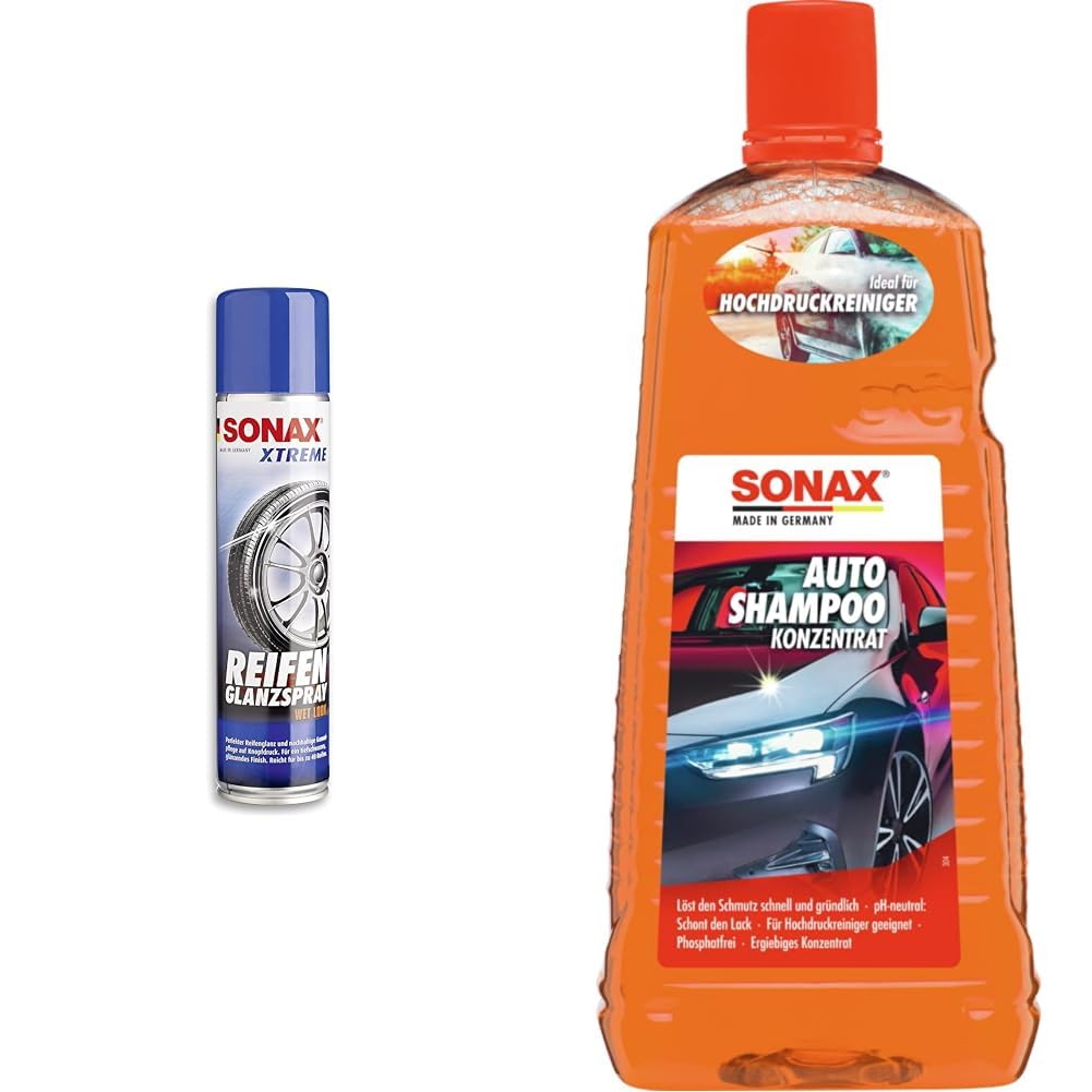 SONAX XTREME ReifenGlanzSpray Wet Look (400 ml) & AutoShampoo Konzentrat (2 Liter) durchdringt und löst Schmutz gründlich, ohne Angreifen der Wachs-Schutzschicht | Art-Nr. 03145410 von SONAX