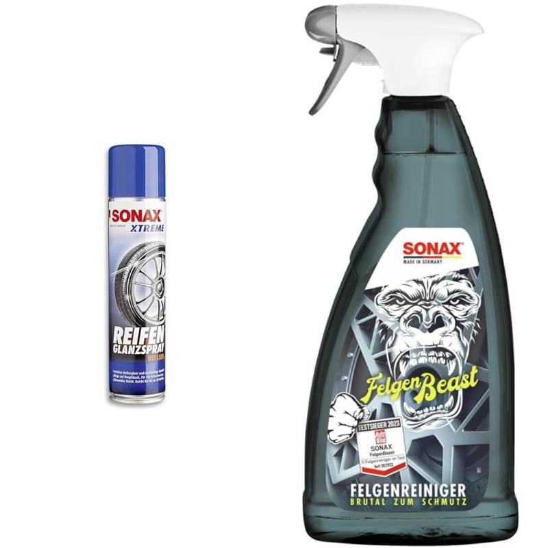 SONAX XTREME ReifenGlanzSpray Wet Look (400 ml) & FelgenBeast (1 Liter) Felgenreiniger für alle polierten, verchromten und matten Stahl- & Leichtmetallfelgen | Art-Nr. 04333000 von SONAX