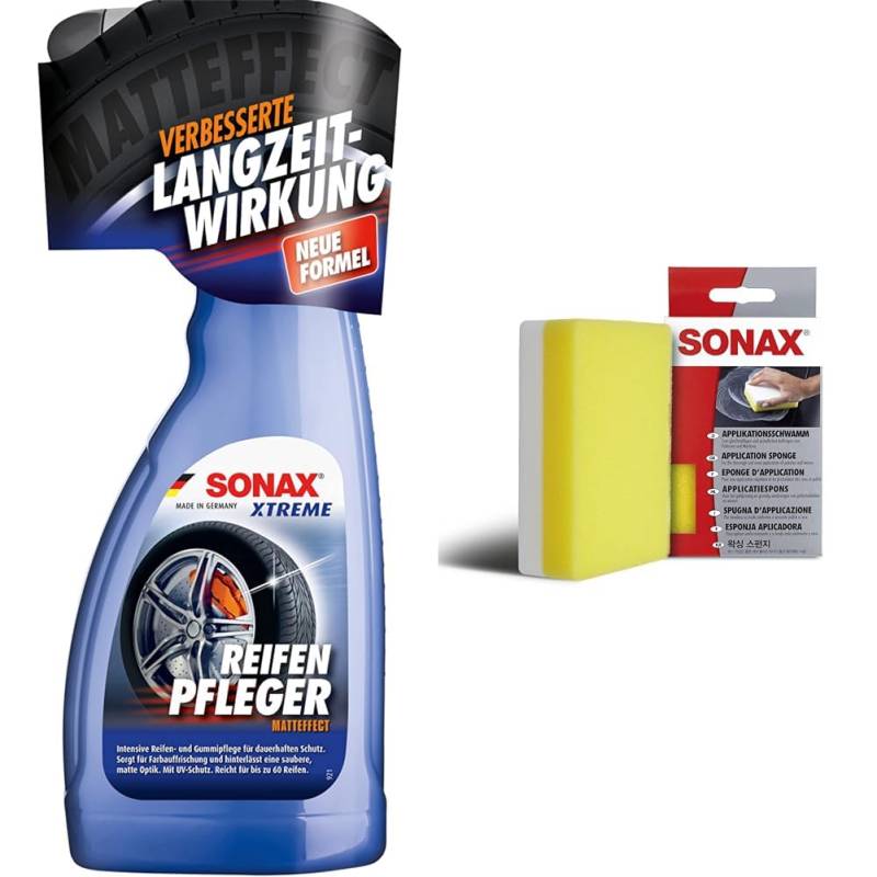 SONAX XTREME ReifenPfleger Matteffect (500 ml) intensive Reifen- und Gummipflege & ApplikationsSchwamm (1 Stück) Spezialschwamm von SONAX