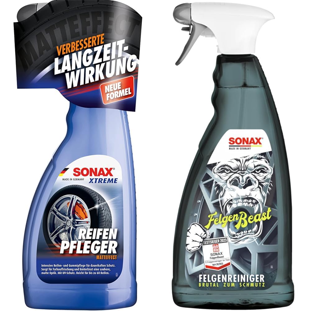 SONAX XTREME ReifenPfleger Matteffect (500 ml) intensive Reifen- und Gummipflege & FelgenBeast (1 Liter) Felgenreiniger für alle polierten, verchromten und matten Stahl- & Leichtmetallfelgen von SONAX