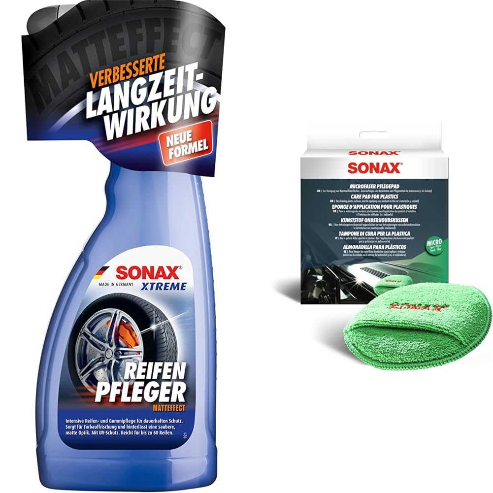 SONAX XTREME ReifenPfleger Matteffect (500 ml) intensive Reifen- und Gummipflege & MicrofaserPflegePad (1 Stück) für gleichmäßiges Auftragen von SONAX