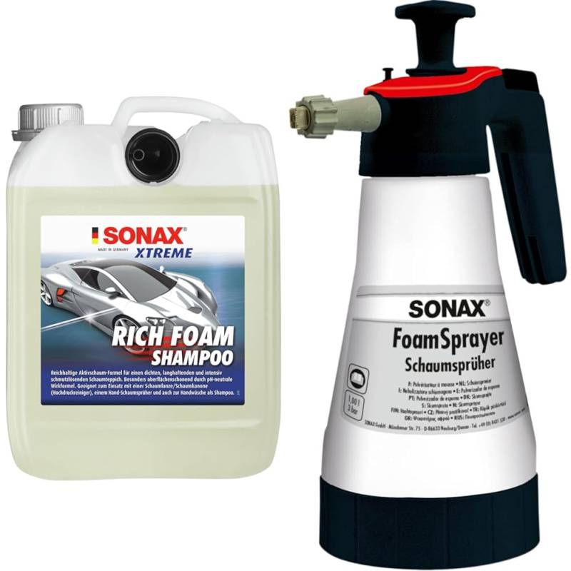 SONAX XTREME RichFoam Shampoo (5 Liter) & FoamSprayer 1 Liter (1 Stück) Schaumsprüher für ein gleichmäßiges Schaumbild und ein noch gründlicheres Reinigungsergebnis, Art-Nr. 04965410 von SONAX